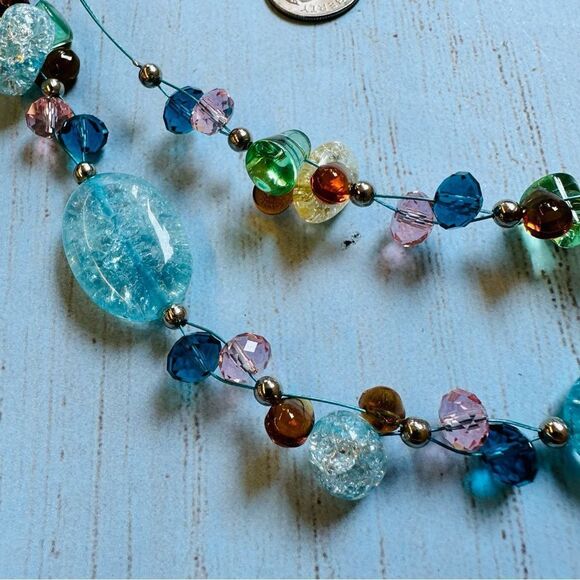 Art Glass Crackle Multi Color Silver Wire Beaded Necklace - Picture 2 of 2